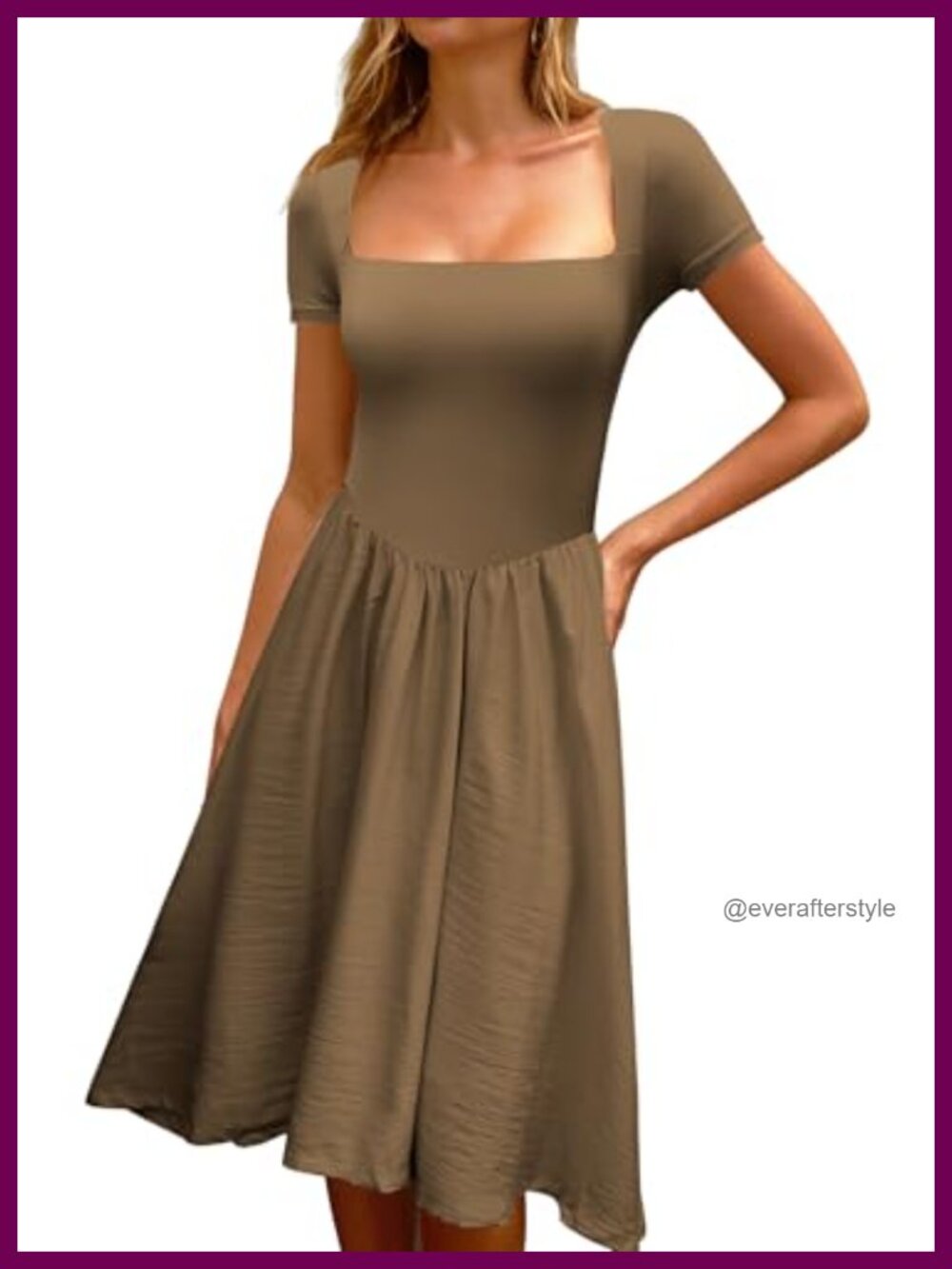 Women A-Line Midi Dress Square Neck Short Sleeve Summer Sundress